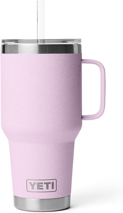 YETI Rambler 35 oz Tumbler with Handle and Straw Lid, Travel Mug Water Tumbler, Vacuum Insulated Cup with Handle, Stainless Steel, Cherry Blossom - Textured