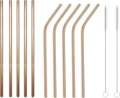10 Pcs Stainless Steel Straws, Reusable Drinking Straws, 5 Straight + 5 Bent Metal Straws Set With 2 Pcs Cleaning Brushes (Rose Gold, 8.5 Inch)