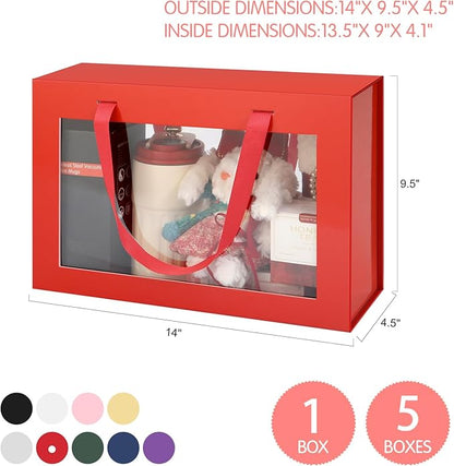 Large Red Clear Gift Box, 13.5x9x4.1 Inches, With Window & Handle, Magnetic Closure, Suitable for Various Occasions