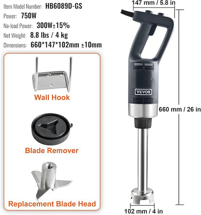 VEVOR Commercial Immersion Blender, 750W 12" Heavy Duty Hand Mixer, Variable Speed Kitchen Stick Mixer with 304 Stainless Steel Blade, Multi-Purpose Blender for Soup, Smoothie, Puree, Baby Food