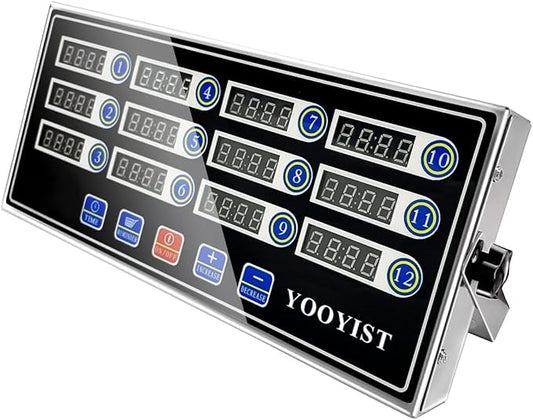 Commercial Kitchen Timers 12 Channel Stainless Steel LED Digital Timer Reminder Function, Loud Alarm, Black