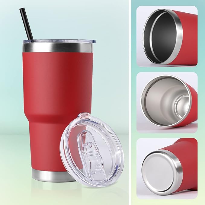 DOMICARE 30 oz Tumbler with Lid and Straw, Stainless Steel Tumblers Bulk, Insulated Vacuum Double Wall Travel Coffee Mug, Durable Powder Coated Tumbler Cup (Red, 1)