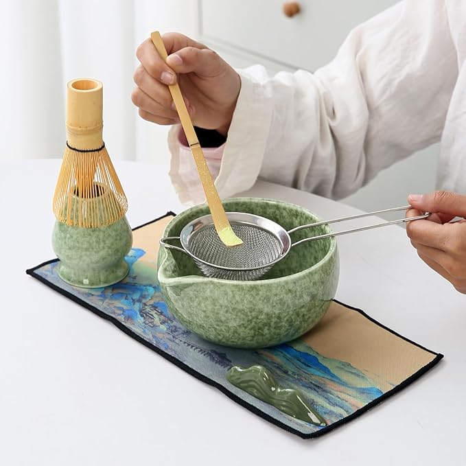 Matcha Set, 7 Pieces, Matcha Bowl with Spout, Whisk, Holder, Bamboo Scoop, Stainless Steel Sifter Matcha color