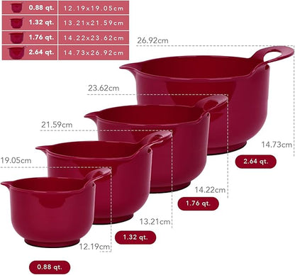 BoxedHome 4 Pack Nesting Mixing Bowl Set with Pour Spout and Handle, Non-Slip Bottom, BPA free Microwave & Dishwasher Safe(Deep Carmine)