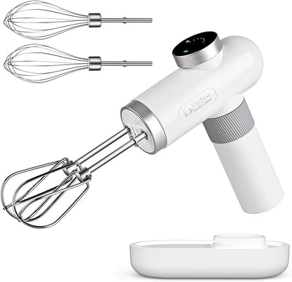 Kitchen in the box Cordless Rechargeable Hand Mixer for Kitchen, Portable Handheld Electric Mixer with Beaters, Whisks, 6-Speed Digital Display, Charging Base and USB-C Charge Cable (Pearl White)