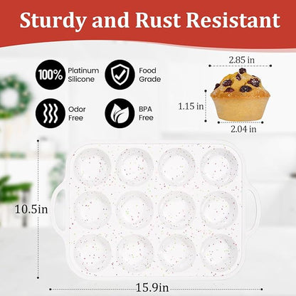 CAKETIME Silicone Muffin Pan with Metal Frame, Metal Reinforced Frame Regular Size Cupcake Pan with Handle 12 Cups Nonstick Muffin Pan for Baking BPA Free 2 Pack