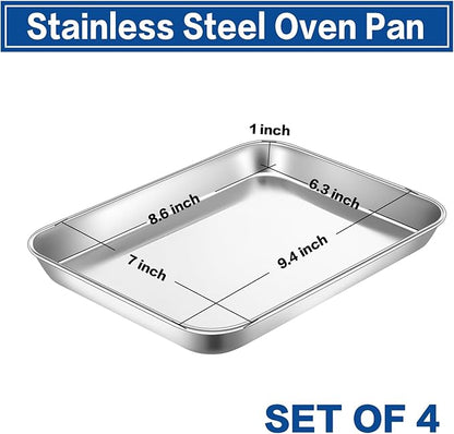 P&P CHEF 9 Inch Baking Cookie Sheet, Oven Pan Tray Stainless Steel Sheet Pan for Kitchen, Oven Bakeware for Multi Uses, Shiny Look & Dishwasher Safe, Healthy & Heavy Duty, 4Pcs