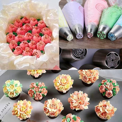 Russian Piping Tips Set with 7 Flower Icing Tips & 2 Leaf Pastry Tips Nozzles for Frosting Cookie Cupcake Cake Decorating