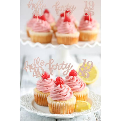 Rose Gold Glitter 40th Birthday Cupcake Toppers 40th Birthday Celebrating Party Decorations - Set of 24