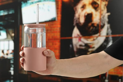 Sunseeke Glass Tumbler with Straw and Lid, 16oz Ice Coffee Cup, Silicone Sleeve Cleaning Brushes, Drinking Glasses for Water, Iced Coffee, Smoothie -BPA Free -3Pack