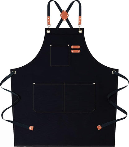 AFUN Chef Aprons for Women Men with Large Pockets, Cotton Canvas Cross Back Water Repellent Work Apron, Size M to XXL (Black)