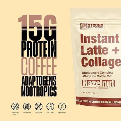 STRONG COFFEE COMPANY Instant Hazelnut Latte - 15g Protein, Instant Protein Coffee with Collagen, Adaptogens & Nootropics, No Crash, No Jitters, 12 Servings Bag