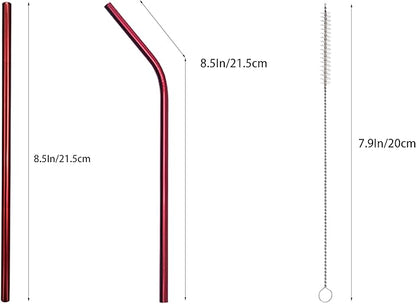 10 Pcs Stainless Steel Straws, Reusable Drinking Straws, 5 Straight + 5 Bent Metal Straws Set With 2 Pcs Cleaning Brushes (Red, 8.5 Inch)