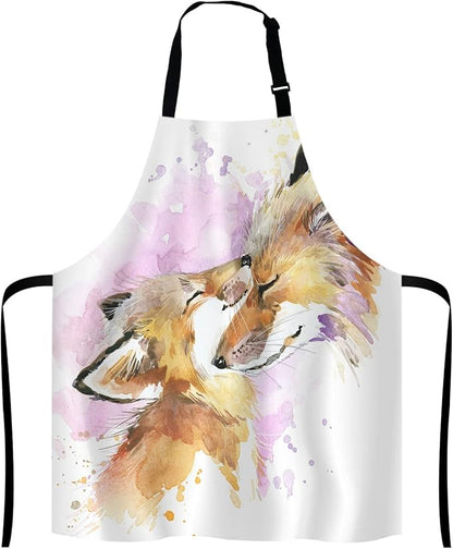 Watercolor Fox and Baby Fox Kitchen Cooking BBQ Chef Apron,Funny Apron for Men, Women - Dad Presents, Presents for Men - Birthday, Mothers Day Presents for Mom, Wife, Husband, Brother, Friends
