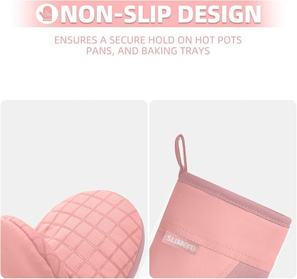 Mini Oven Mitts, Kitchen Oven Gloves Kitchen Mittens 500 Degrees Heat Resistant Baking Gloves, Non-Slip Silicone Surface with Hanging Loops Hot Gloves for Cooking, Baking, BBQ 1 Pair-Pink