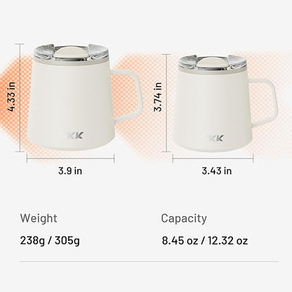 TKK 12 oz Insulated Coffee Mug with Handle Ceramic Coating Detachable Slider Lid Stainless Steel Tumbler Double Wall Vacuum Travel Cup