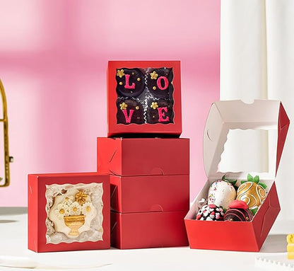 40 Pack 4x4x2 inches Red Bakery Boxes with Window - Macaron, Cookie, Chocolate Truffle, Strawberry & Mini Cake Gift Boxes for Valentine's, Parties, Birthdays, Wedding, Christmas Favors