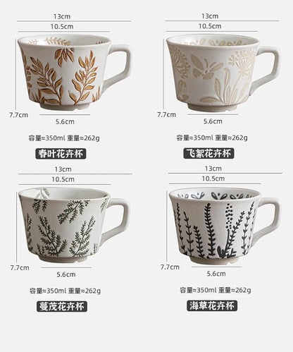 Ceramic Mug Set of 1 With Gold Spoon, 11oz - Vintage Coffee Mug, Pottery Cups for Milk, Latte, Cappuccino, Tea - Porcelain Dishwasher, Microwave Safe Stoneware 1 PCS Brown Leaf Cup