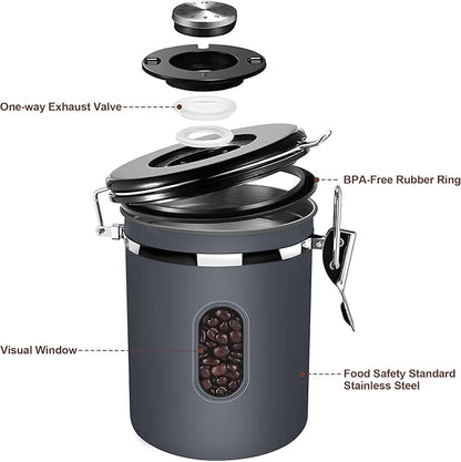 1800ML Airtight Coffee Canister with Date Tracker&Transparent Window, 22.8OZ Coffee Container with 30ML Measure Spoon&4 co2 Valve, Coffee Bean Storage Container for Grounds Coffee, Beans, Tea(Gray)