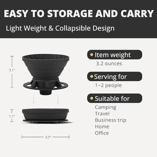 Collapsible Coffee Dripper, Silicone Reusable Coffee Filter Holder, Pour Over Coffee Dripper for Camping, Business Trip, Single Pour Over Coffee Maker (Black)