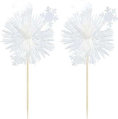 Gyufise 20Pcs Foil Firework Cupcake Toppers Sparkle Tinsel Cake Toppers Tinsel Drink Cake Decoration Cocktail Picks for Birthday Wedding Graduation Party Supplies White