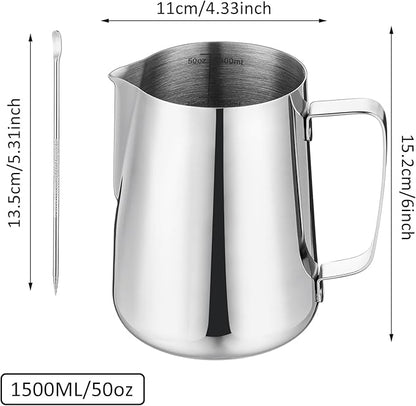 Milk Frothing Pitcher 50oz/1500ML- Espresso Steaming Pitcher Stainless Steel Milk Frothing Pitcher Cappuccino Latte Art Coffee Machine Accessories Milk Jug Milk Frother Cup