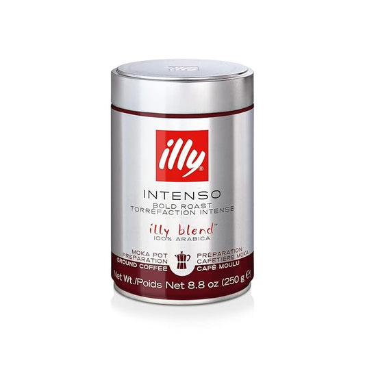 illy Ground Coffee Moka - 100% Arabica Flavored Coffee Ground - Rich Aromatic Coffee Grounds Profile – Intenso Dark Roast – Warm Notes of Cocoa & Dried Fruit - No Preservatives – 8.8 Ounce, 6 Pack