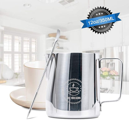 Milk Frothing Pitcher 12oz, Espresso Steaming Pitchers 350ml, Frother cup, Coffee Cappuccino Latte Art,304 Stainless Steel Jug with Decorating Art Pen