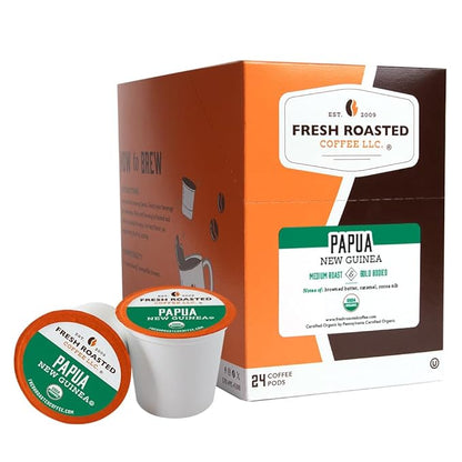 Fresh Roasted Coffee, Organic Papua New Guinea | USDA Organic, 100% Single Origin, Kosher | Medium Roast 24 Pods for K Cup Brewers