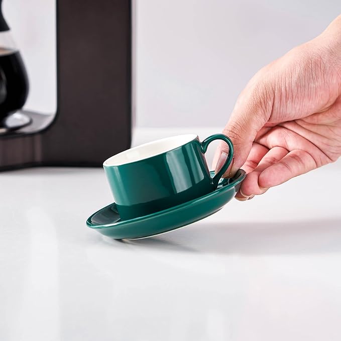 8oz Porcelain Stackable Cappuccino Cups with Saucers and Metal Stand Set of 4, Coffee Cups for Espresso, Specialty Coffee Drinks, Latte, Americano and Tea - Green