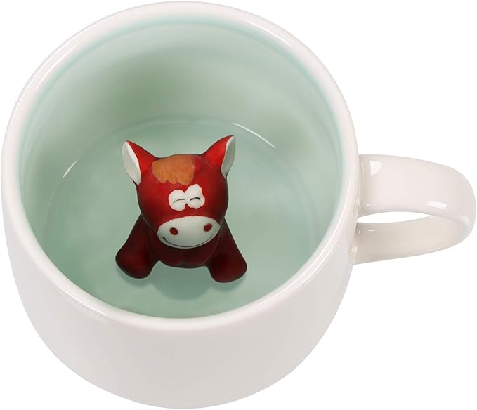Horse Ceramic Cup Hidden 3D Animal Inside Mug,12 oz Cute Cartoon Handmade Figurine Mugs,Christmas Birthday Surprise for Friends Family or Kids (Horse)