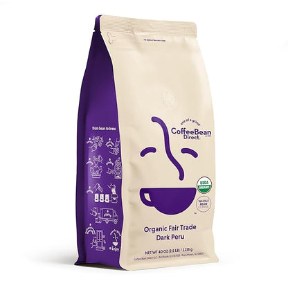 Coffee Bean Direct Organic Fair Trade Dark Peru, Whole Bean Coffee, Dark Roast, 2.5 Pound Bag (Pack of 1)