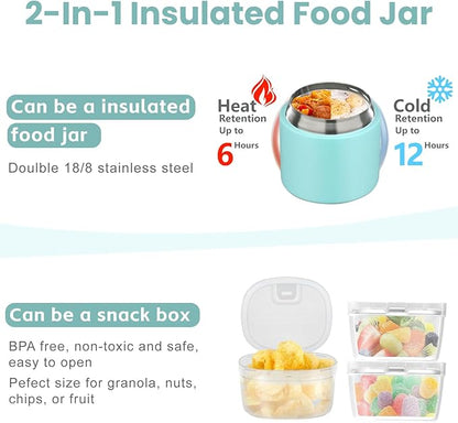 2-in-1 Insulated Food Jar & Snack Container - 15oz Kids Soup Thermos for Hot Food with Handle and Spoon, Leak Proof Reusable Toddler Snack Box, Perfect for School & Travel, Tiffany Blue