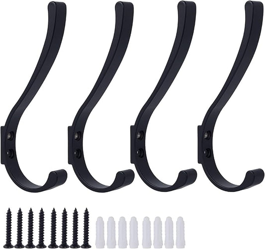 4 Pack Hanging Coat Hooks Wall Mount, Coat Hanger Wall Hangers, Metal Hooks for Hanging Heavy Duty, Screw in Hooks for Hanging Towels, Clothes, Backpack, Hat, Bag, Jacket, Key, Robe, Backpack Black