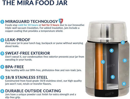 MIRA 15 oz Insulated Food Thermos for hot and cold foods - Leak-Proof Stainless Steel Container with Spoon - Hawaiian Blue