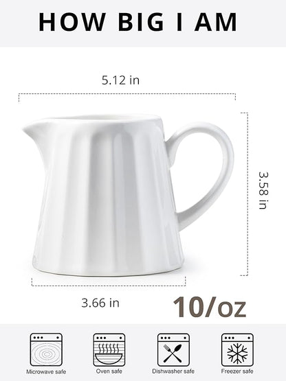 Ceramic Creamer Pitcher,Creamer Container with Handle, 10 OZ Small Milk Pitcher Milk Cup for Coffee, Sauces, Salad, White