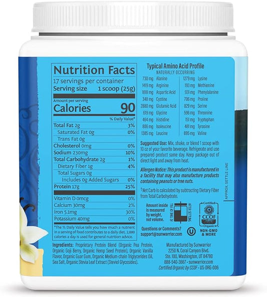 Organic Plant Based Protein Powder | Vegan Organic Protein Powder Vanilla Flavored with BCAA Amino Acids & Hemp Seed Pea Blend | Non-GMO Soy Dairy Filler & Gluten Free (Vanilla, 17 Servings)
