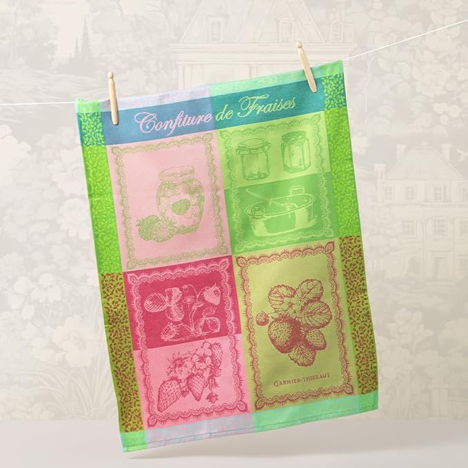 Garnier Thiebaut Confiture De Fraises Printemps (Spring Strawberry Jam) French Kitchen Towel 22"x30", Cotton, Jacquard