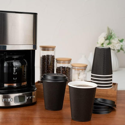 Restaurantware 8 Ounce Double Wall Disposable Coffee Cups, 500 Insulated Black Paper Tumblers with Ripple Wall Design, Lids Sold Separately for Hot Drinks like Tea, Hot Chocolate, and More