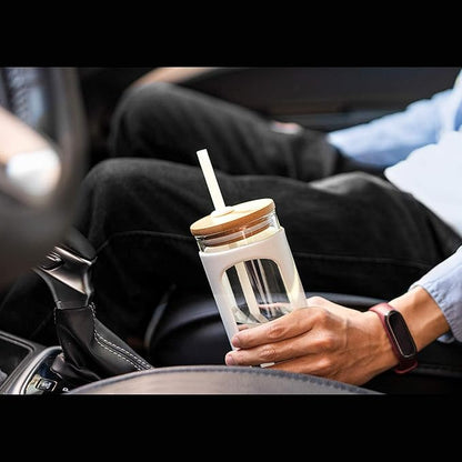 Kodrine 20oz Glass Tumbler with Straw and Lid, Bamboo Lids Water Bottle, Reusable Iced Coffee Cups, Wide Mouth Smoothie Cup with Protective Silicone Sleeve BPA FREE-Black-2pack