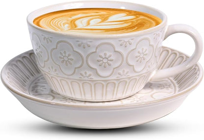 Latte Cup with Saucer, 12 OZ Cappuccino Cup Vintage Cafe Art Cups for Espresso Turkish Coffee, Farmhouse Latte Mugs Tea Cups and Saucers Porcelain Set for Baristas Great Gift