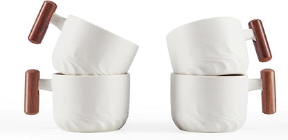 6oz Ceramic Espresso Cups with Wooden Handle, Small Coffee Cups for Latte Cappuccino, Tea Cups Set of 4