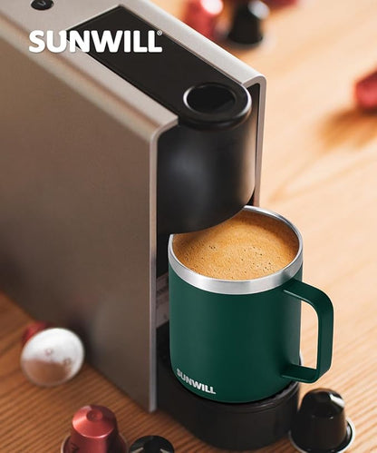 SUNWILL Travel Coffee Mug Set of 2, Insulated Tumbler with Lid, 14 oz Stainless Steel Cup with Handle for Camping, Office, Home, Powder Coated Forest Green & Plum