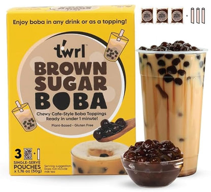 Twrl Brown Sugar Boba Bubble Tea Topping - Taiwanese Boba Pearls, Cafe-Style Tapioca Topping, Instant - Perfect for Milk Tea and Coffee, Gluten-Free, Plant-Based - Pack of 3 Single Servings & 3 Boba Straws