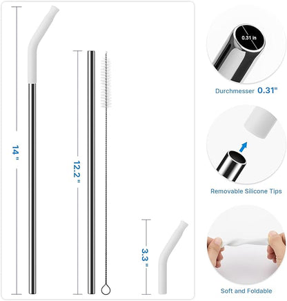 Metal Straw with Silicone Tip for 40oz Stanley Cup, 2 Pcs Stainless Steel Straws Replacement for Stanley 40 oz Adventure Quencher Travel Tumbler Cup, 1 Straw Brush (White)