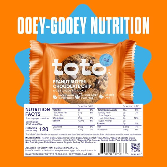 Toto's Peanut Butter Chocolate Chip Vegan Cookies: Gluten-Free High-Fiber Cookie with Plant-Based Protein, Superfoods, and Adaptogens - 10X Individually Wrapped Cookies