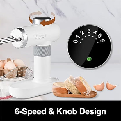 Kitchen in the box Cordless Rechargeable Hand Mixer for Kitchen, Portable Handheld Electric Mixer with Beaters, Whisks, 6-Speed Digital Display, Charging Base and USB-C Charge Cable (Pearl White)