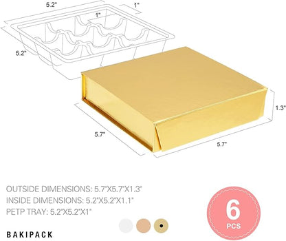 BAKIPACK 6 Truffle Boxes, Chocolates Boxes, Gold Truffle Gift Boxes Packaging with 9-Piece Plastics Tray, Magnetic Closure Lid 5.7x5.7x1.3 Inches