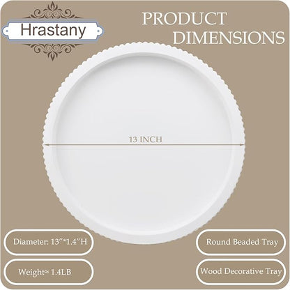 Round Wood Serving Tray with Beaded, 13” Rustic Wooden Decorative Coffee Table Tray for Centerpiece, Ottoman, Farmhouse Circle Trays for Counter, Living Room, Home Decor (White)