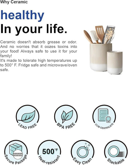 LE TAUCI Utensil Holder, 7.3"+5.4" Ceramic Kitchen Utensil Holder for Countertop, Large Cooking Utensil Crocks Gift for Mom, Boho Farmhouse Kitchen Decor, Set of 2, Reactive Glaze Arctic White